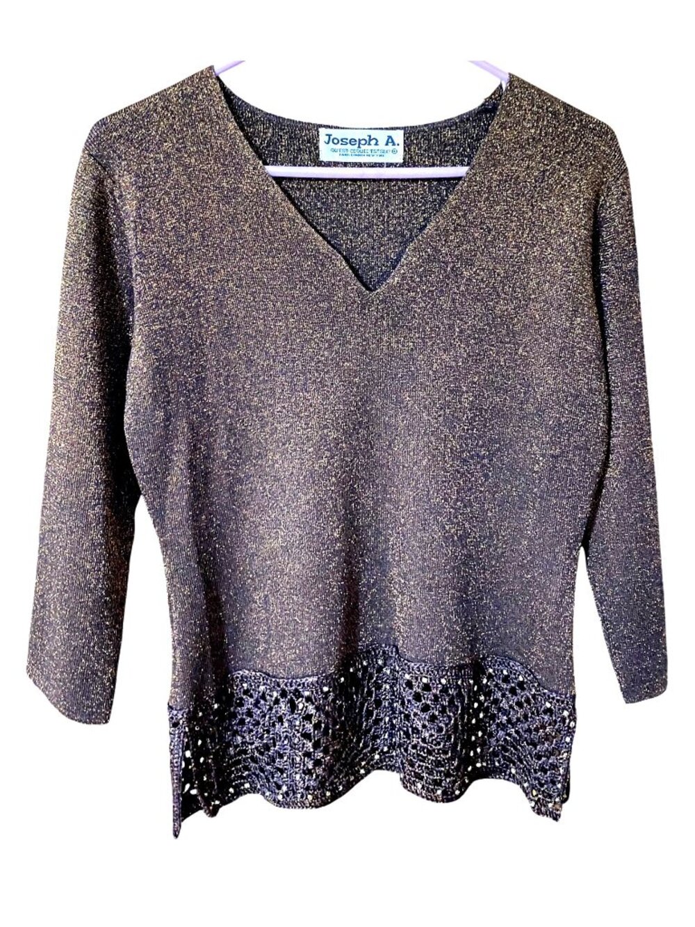 Joseph A Womens S Brown Bronze Metallic V Neck Sweater Crochet Sequin Hem